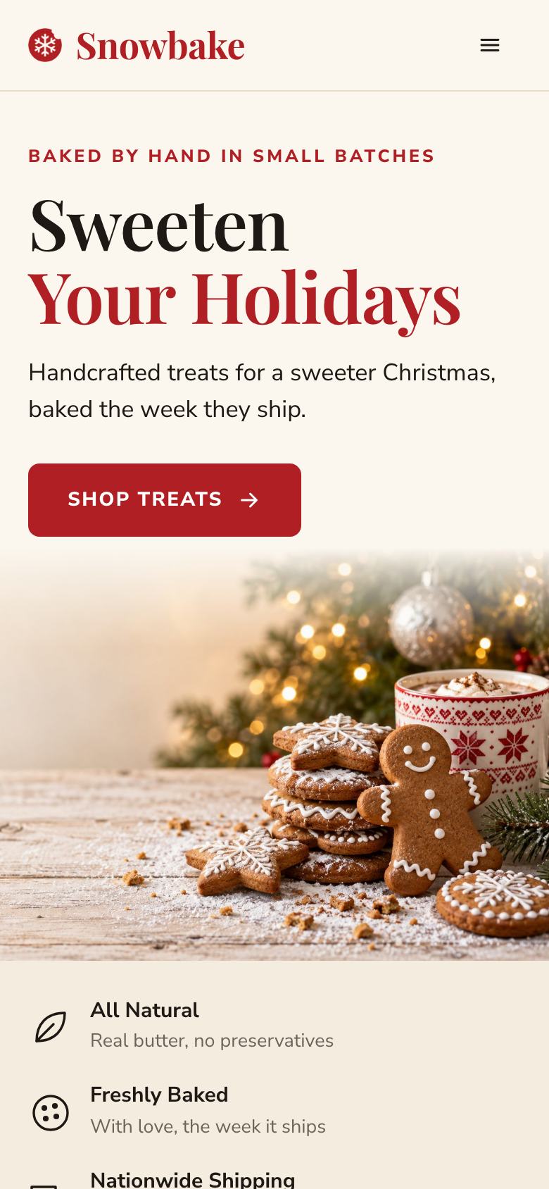Christmas Treats Bakery landing page template on a phone