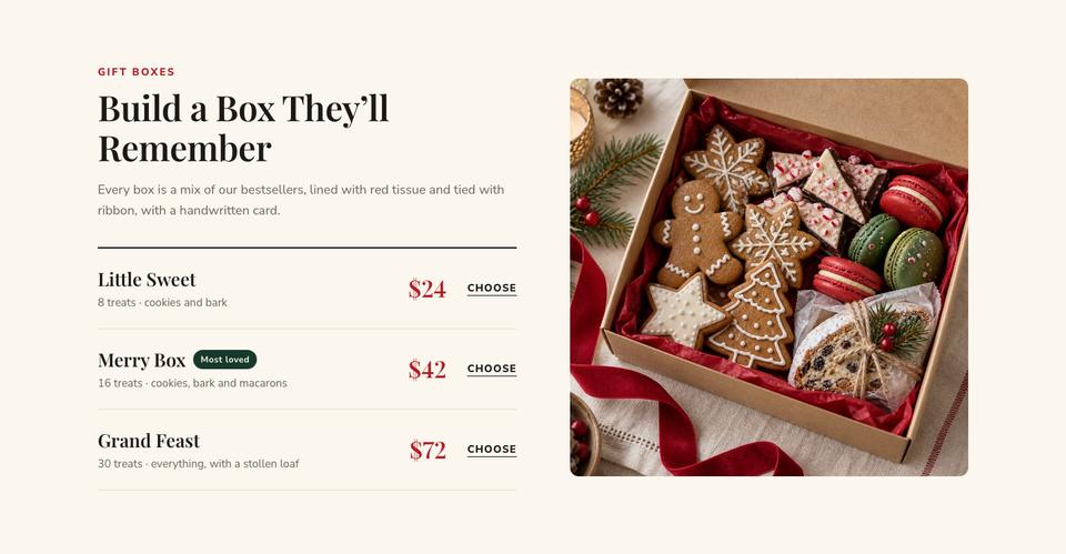 Christmas Treats Bakery template — Gift boxes section