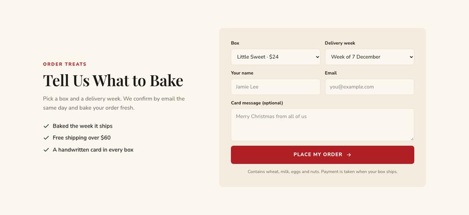 Christmas Treats Bakery template — Order form section