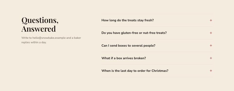 Christmas Treats Bakery template — Questions section