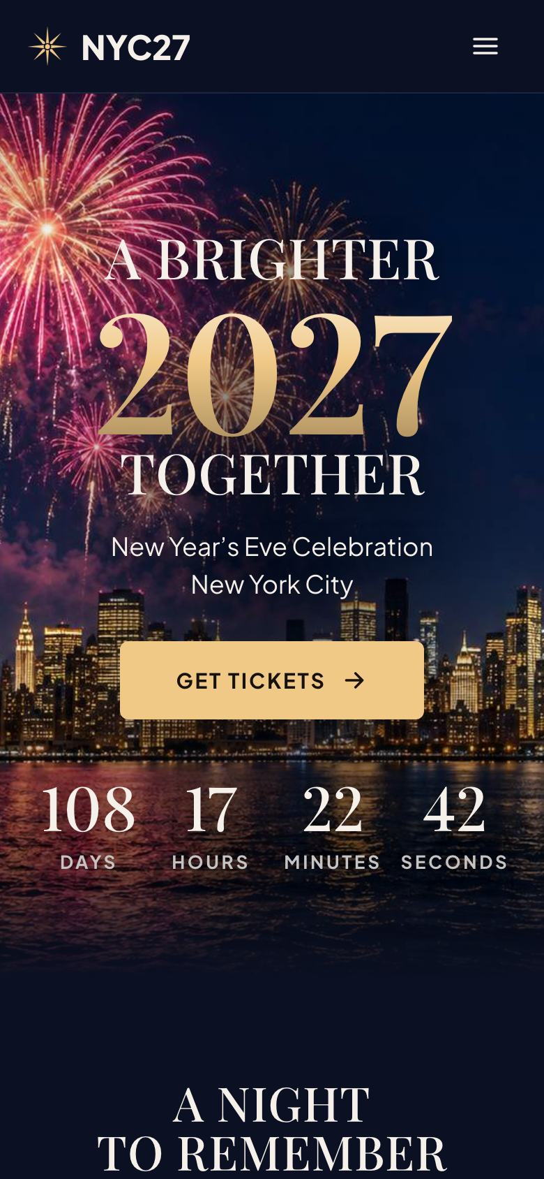 New Year Countdown landing page template on a phone