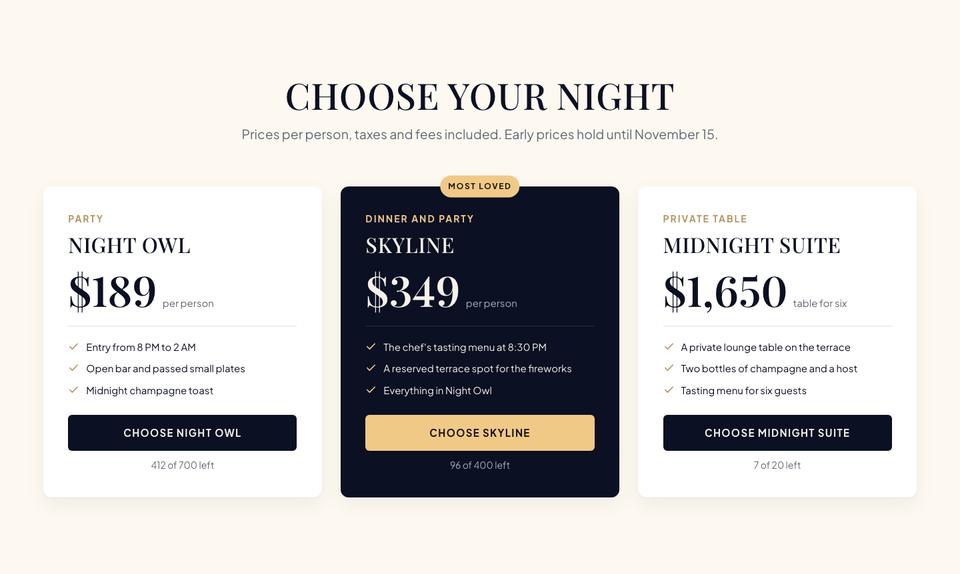 New Year Countdown template — Tickets section