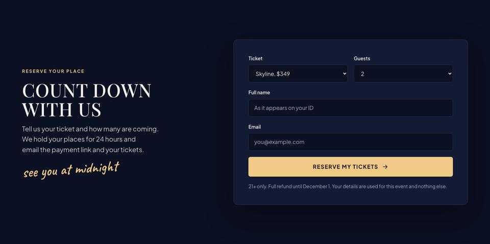 New Year Countdown template — Reserve form section