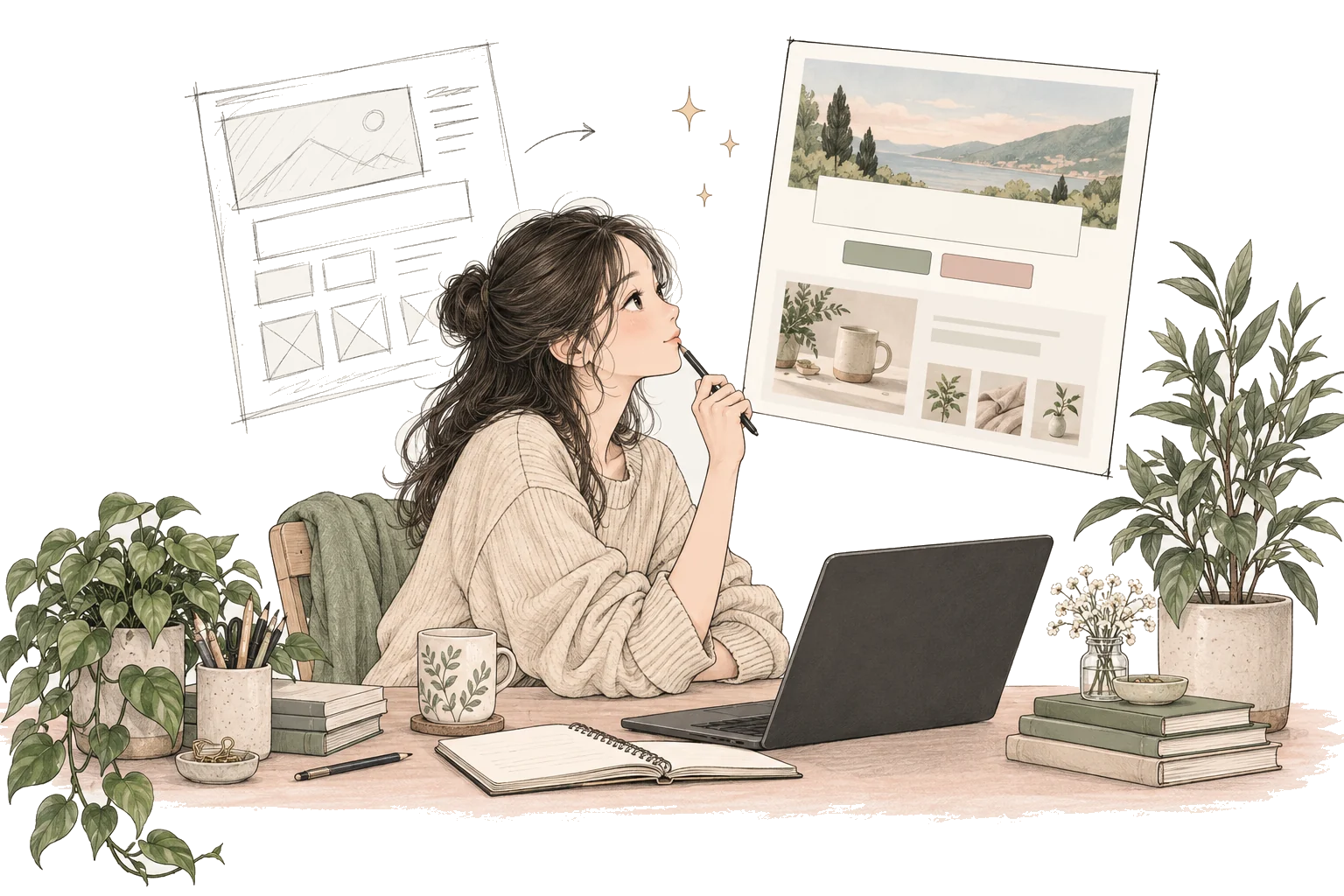 An illustration of a creator turning a rough sketch into a finished page