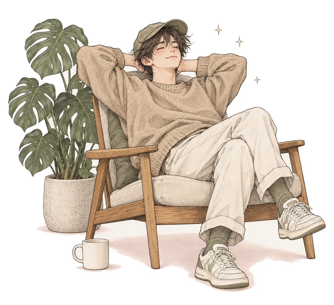 An illustration of a creator sitting back, unhurriedtop and a cat