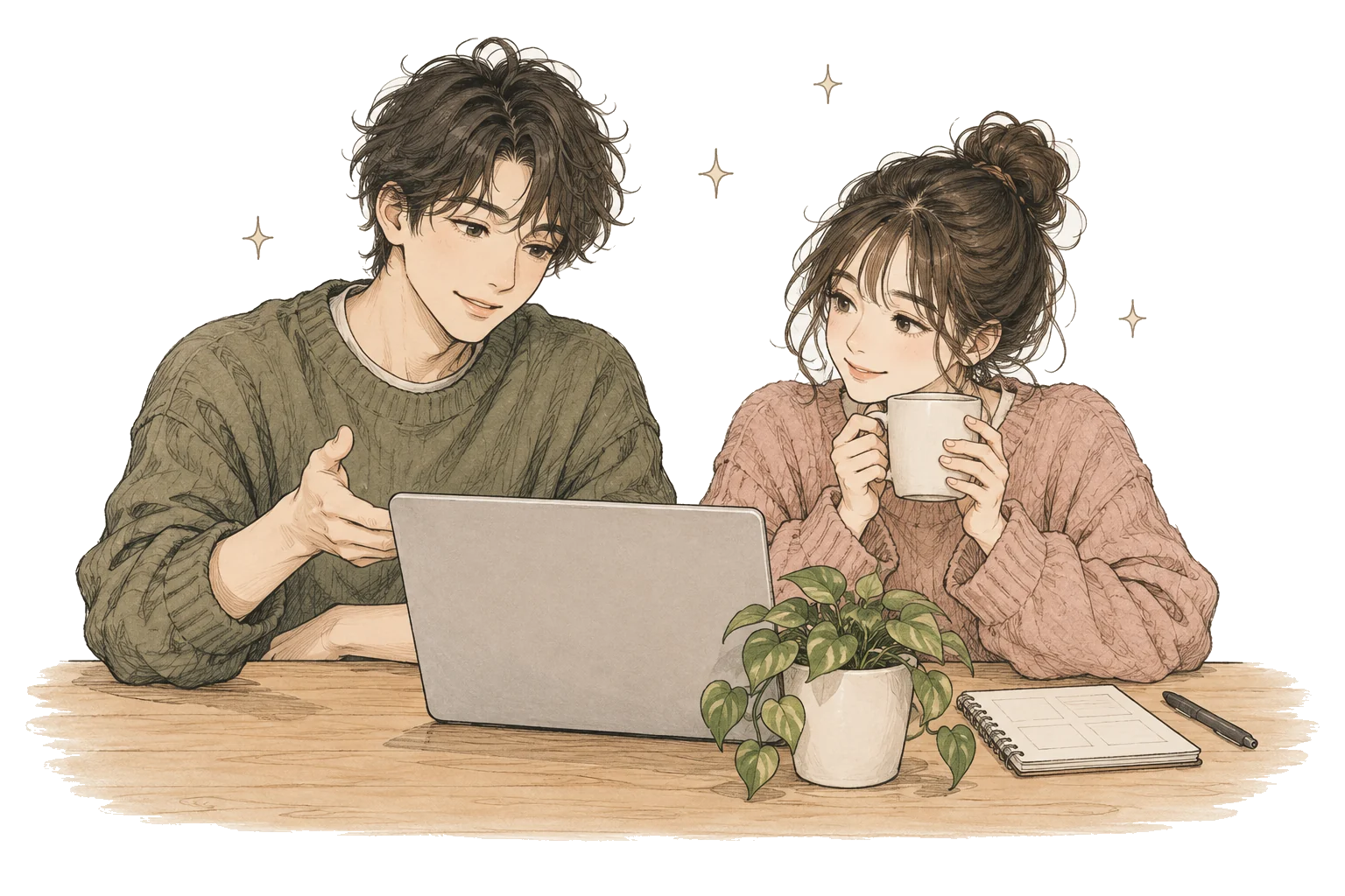 An illustration of two creators at a shared table a plant