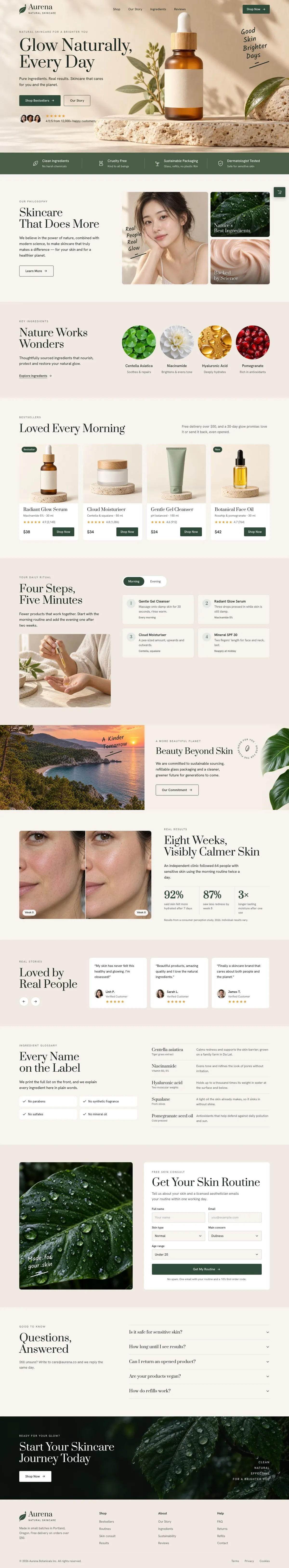 Natural Skincare template, the whole page on desktop