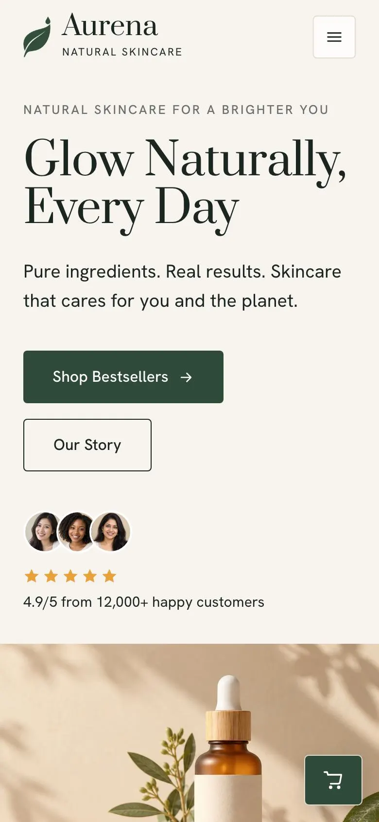 Natural Skincare landing page template on a phone