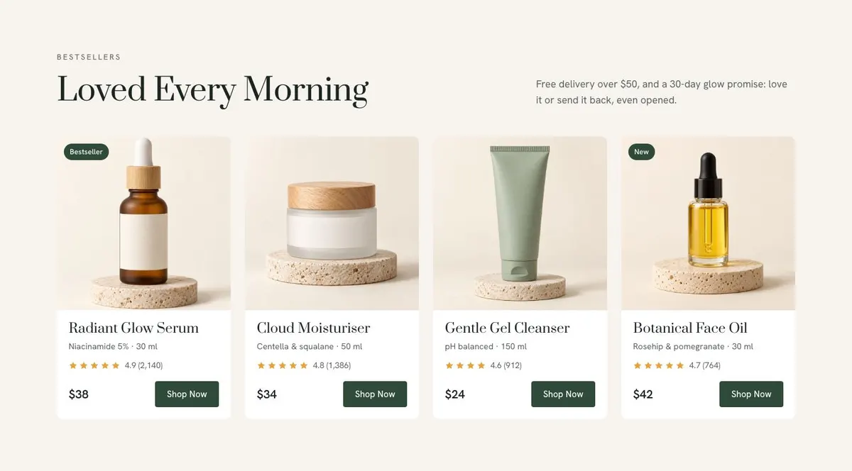 Natural Skincare template — Bestsellers section