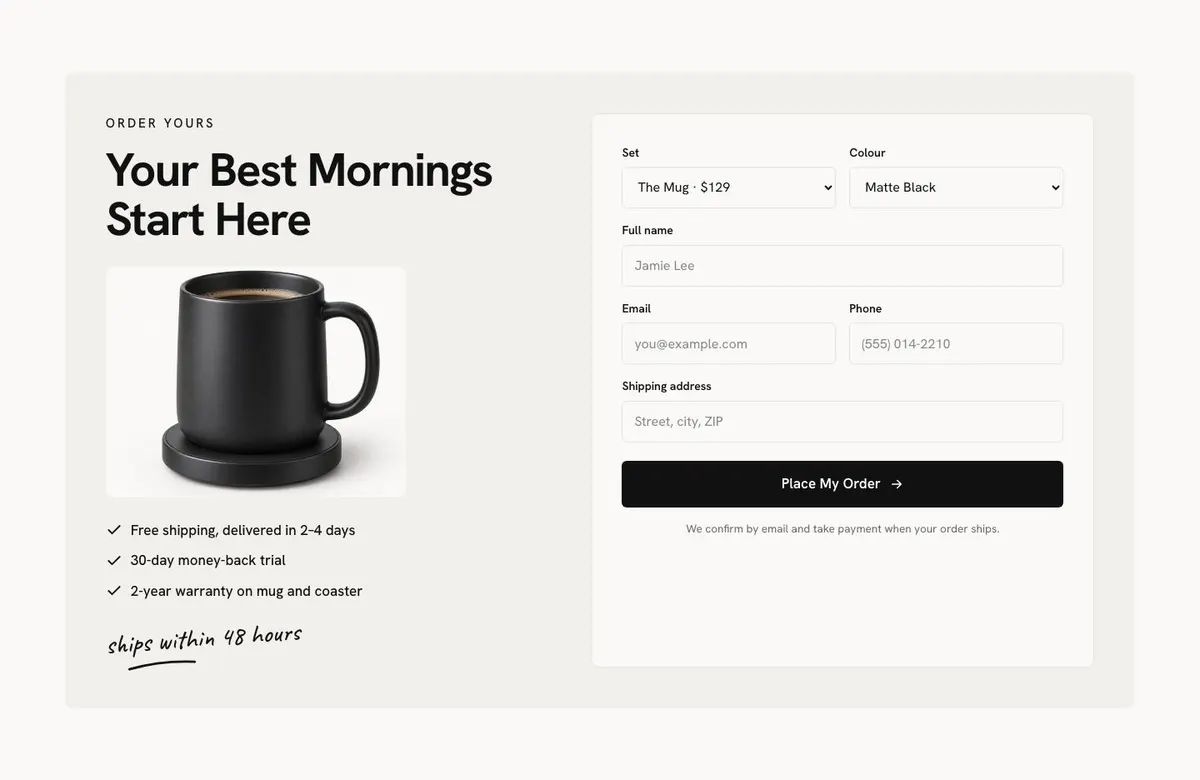 Smart Mug DTC template — Order section