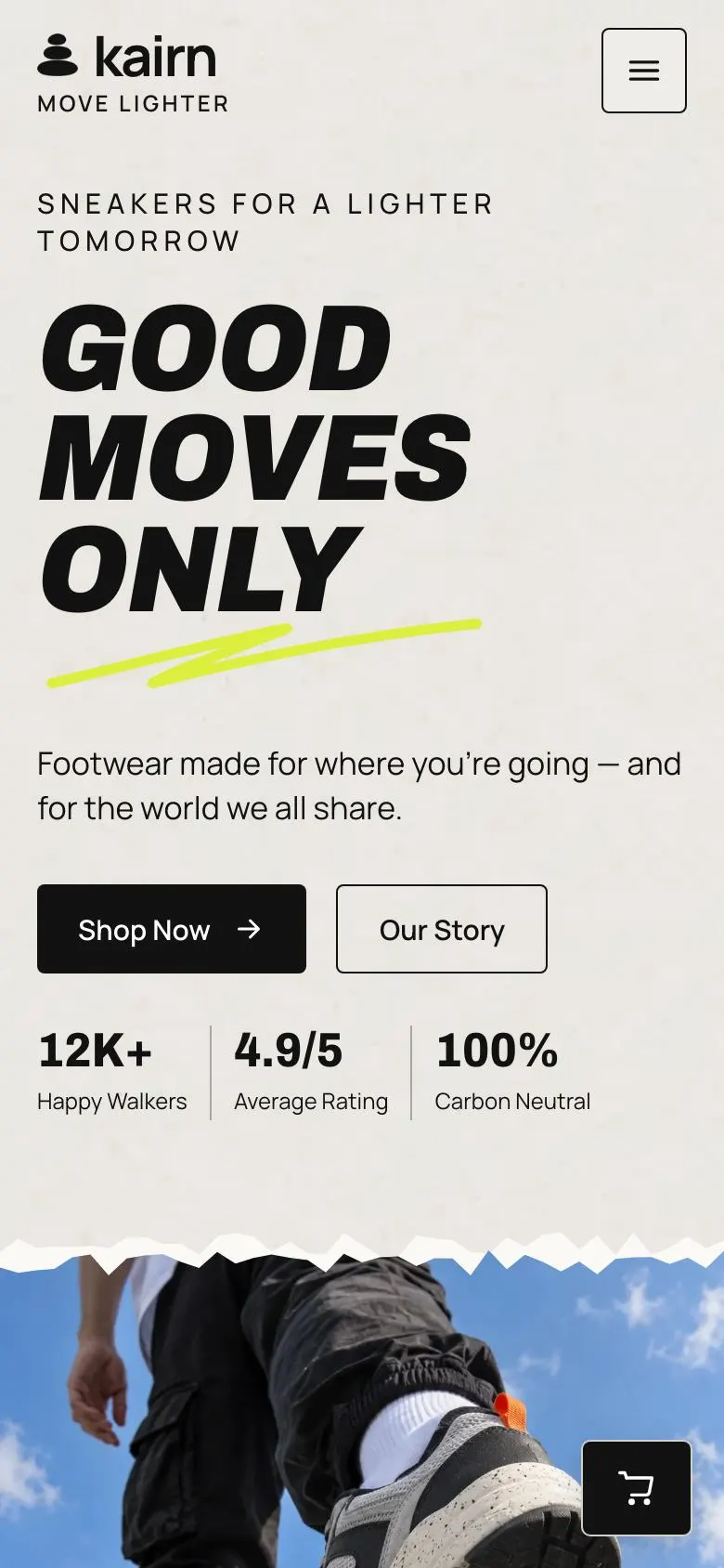 Sustainable Sneakers landing page template on a phone