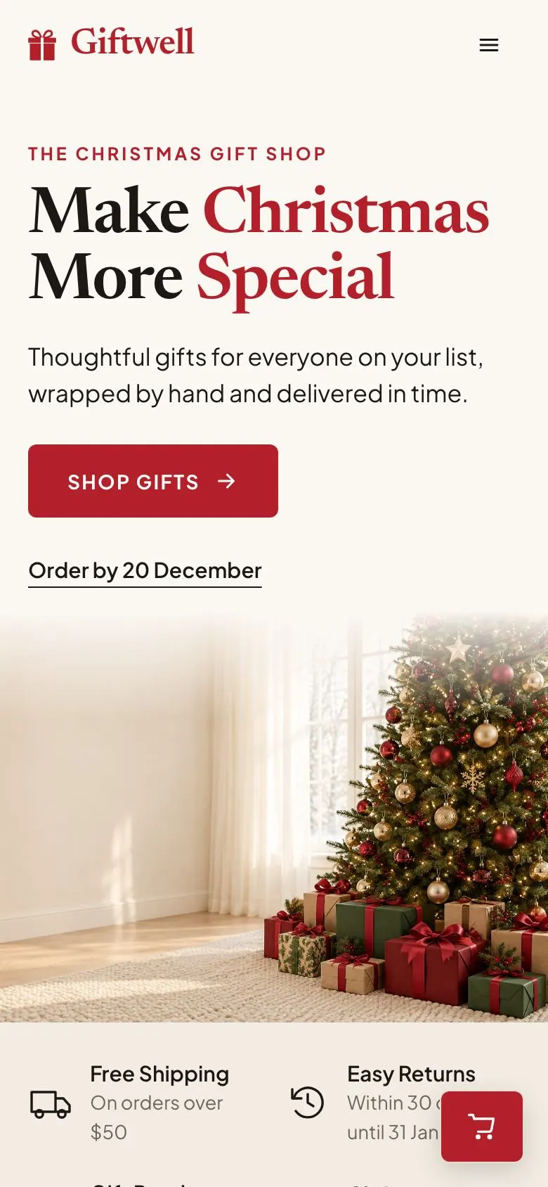 Christmas Gift Shop landing page template on a phone
