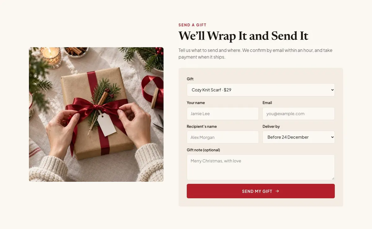 Christmas Gift Shop template — Order section