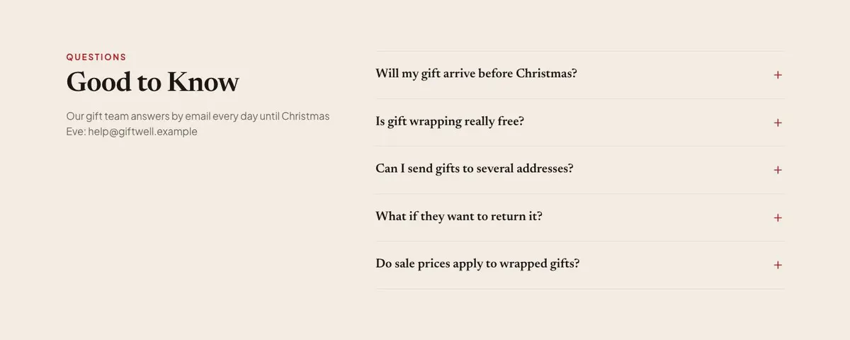 Christmas Gift Shop template — Questions section