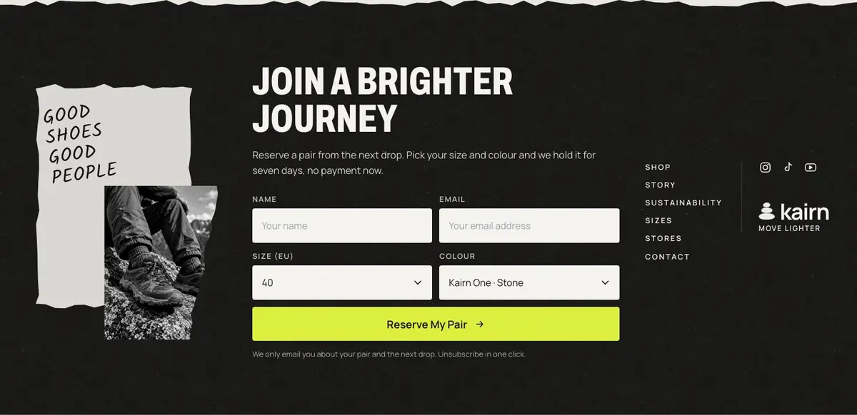 Sustainable Sneakers template — Reserve section