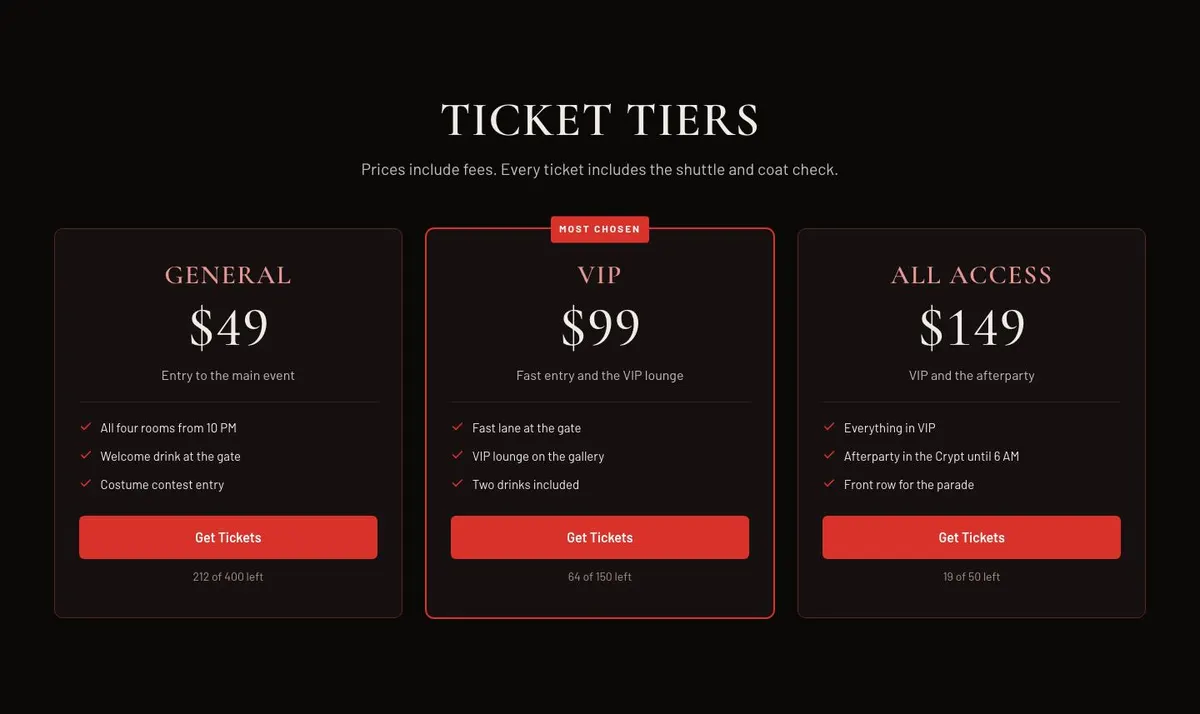 Halloween Manor Party template — Tickets section