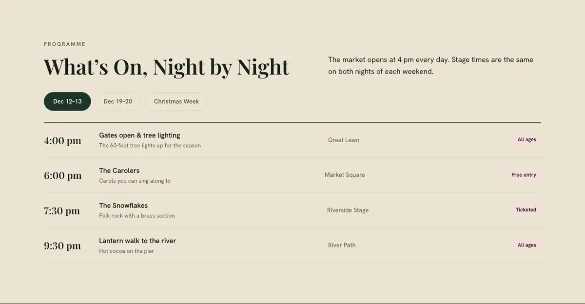 Christmas Market Event template — Schedule section