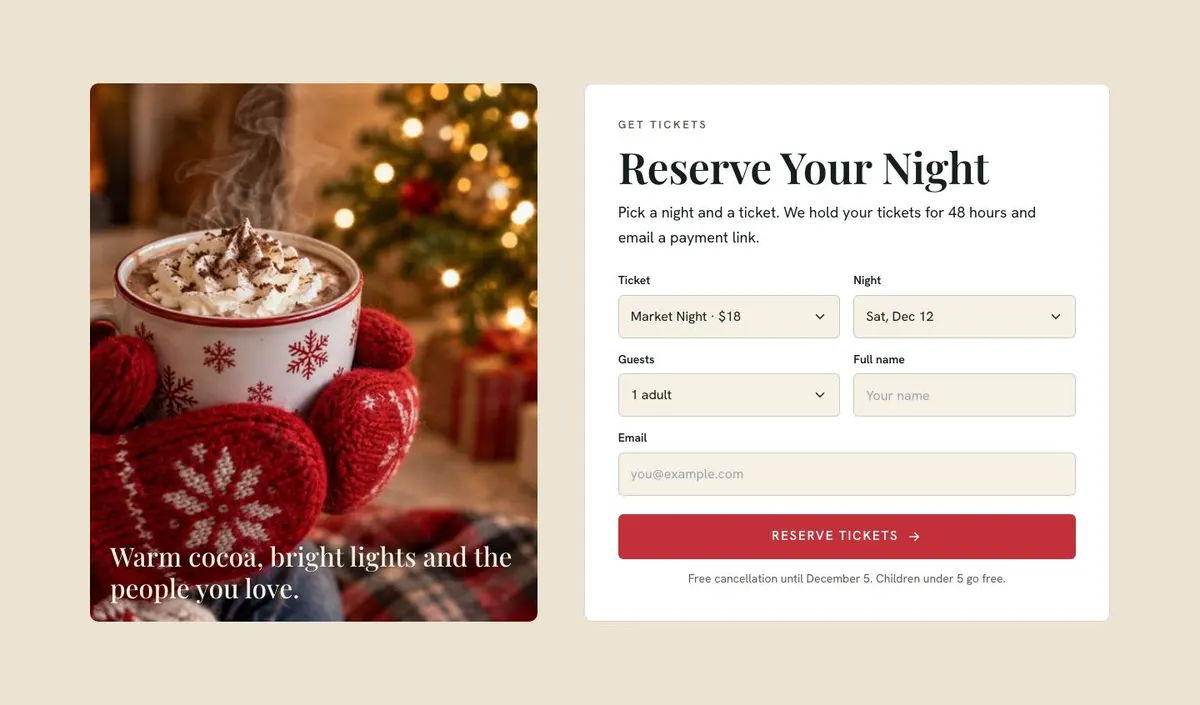 Christmas Market Event template — Tickets section