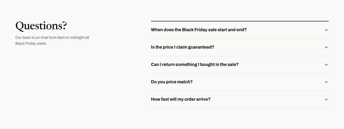 Black Friday Mega Sale template — Questions section