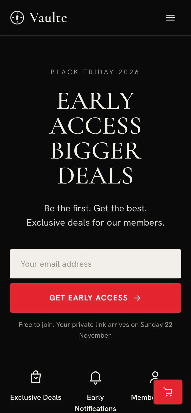 Black Friday Early Access landing page template on a phone