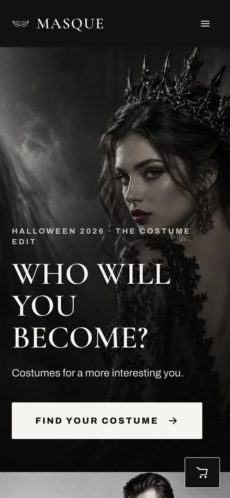 Costume Shop Editorial landing page template on a phone
