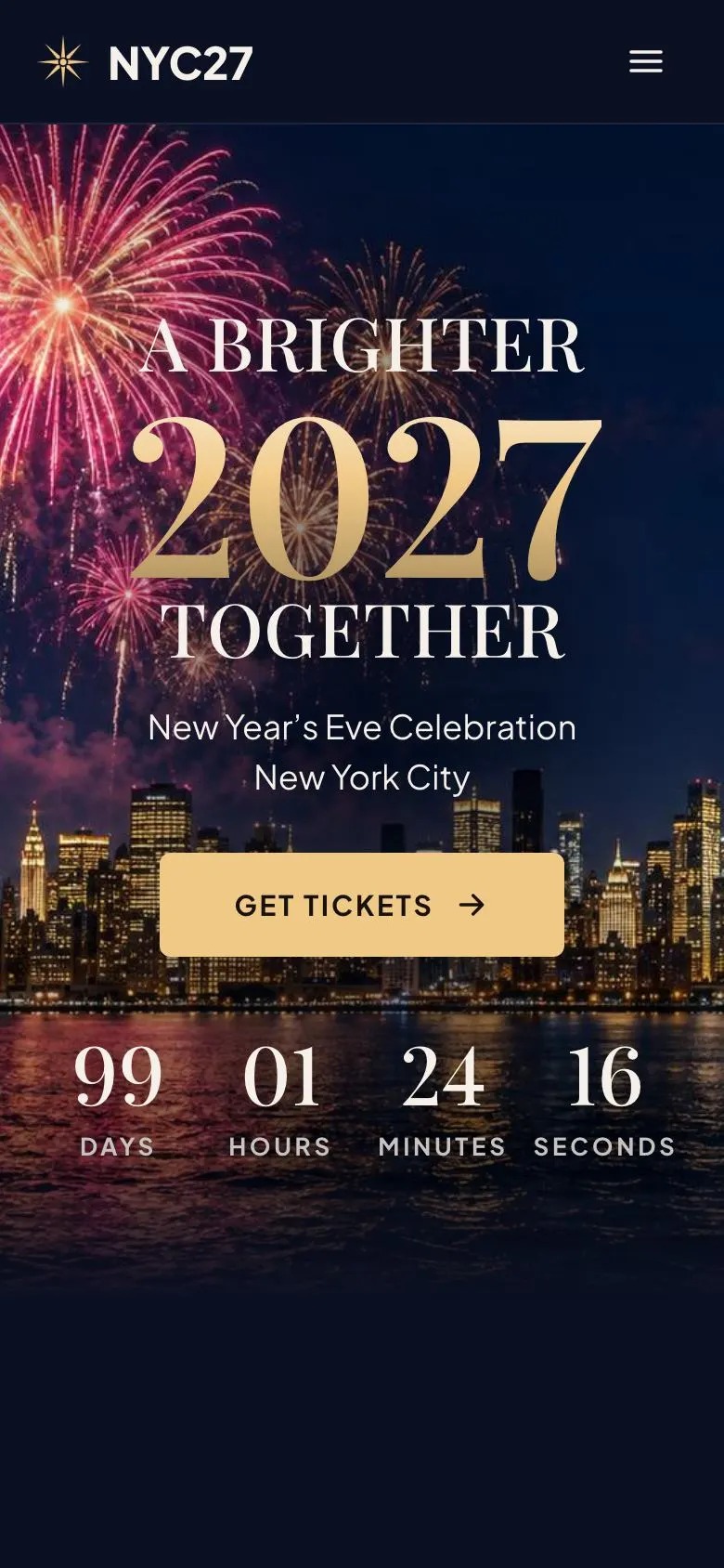 New Year Countdown landing page template on a phone