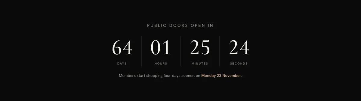 Black Friday Early Access template — Public doors open in 73 Days section
