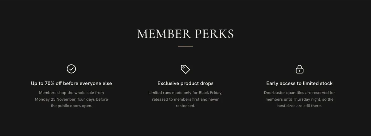 Black Friday Early Access template — Perks section