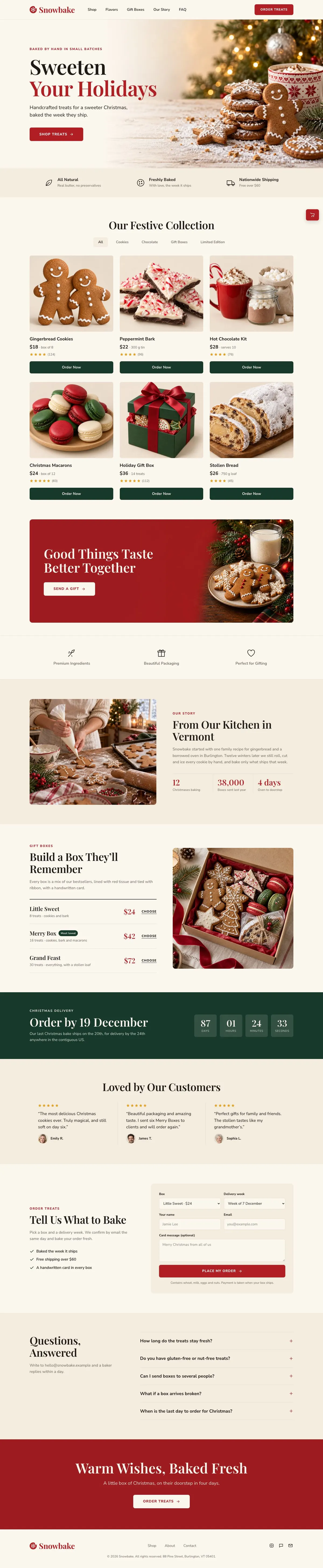 Christmas Treats Bakery template, the whole page on desktop