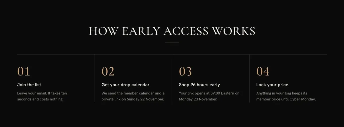Black Friday Early Access template — How early access works 01 Join section