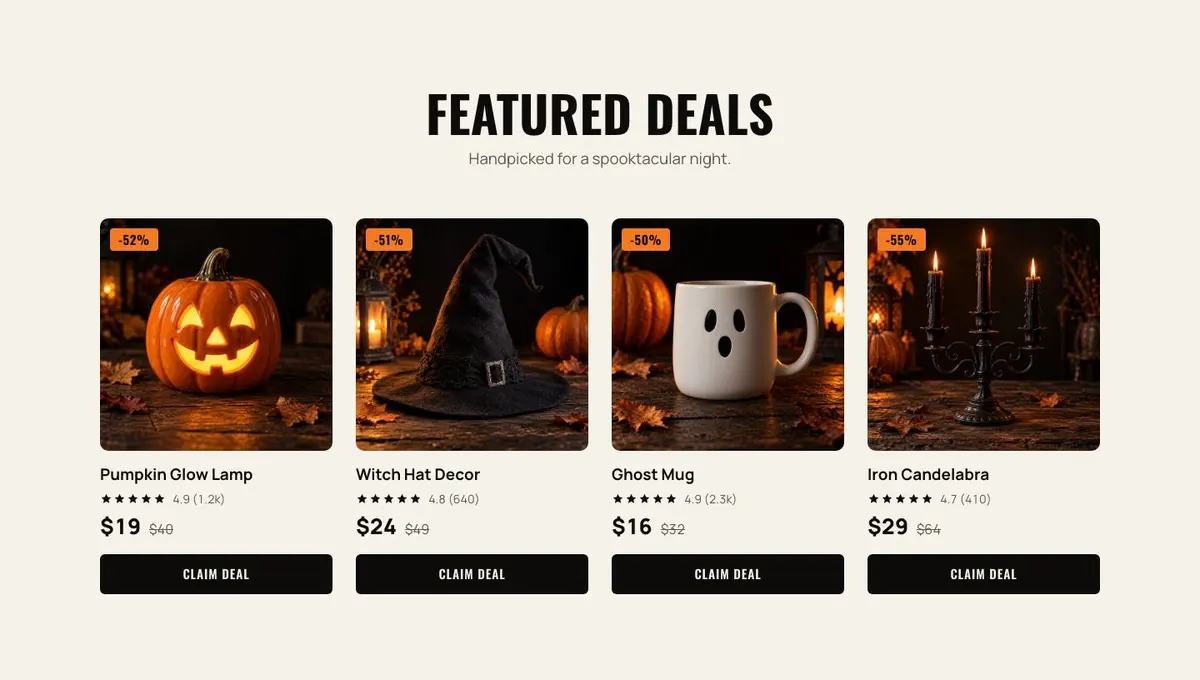 Halloween Night Sale template — Deals section