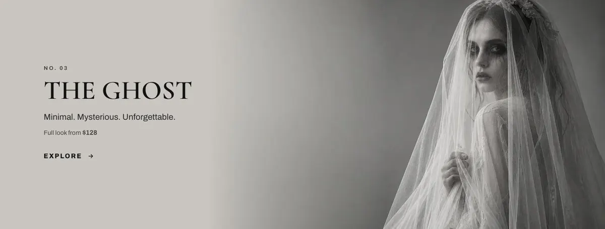 Costume Shop Editorial template — No. 03 The Ghost Minimal. Mysterious section