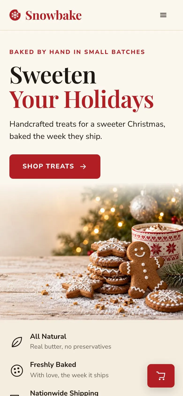 Christmas Treats Bakery landing page template on a phone