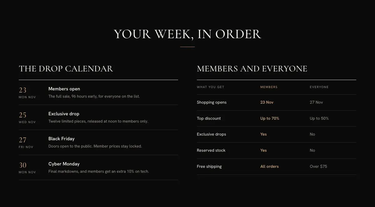 Black Friday Early Access template — Calendar section