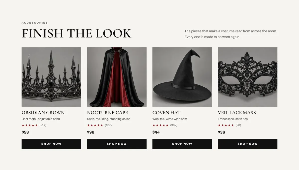 Costume Shop Editorial template — Accessories section