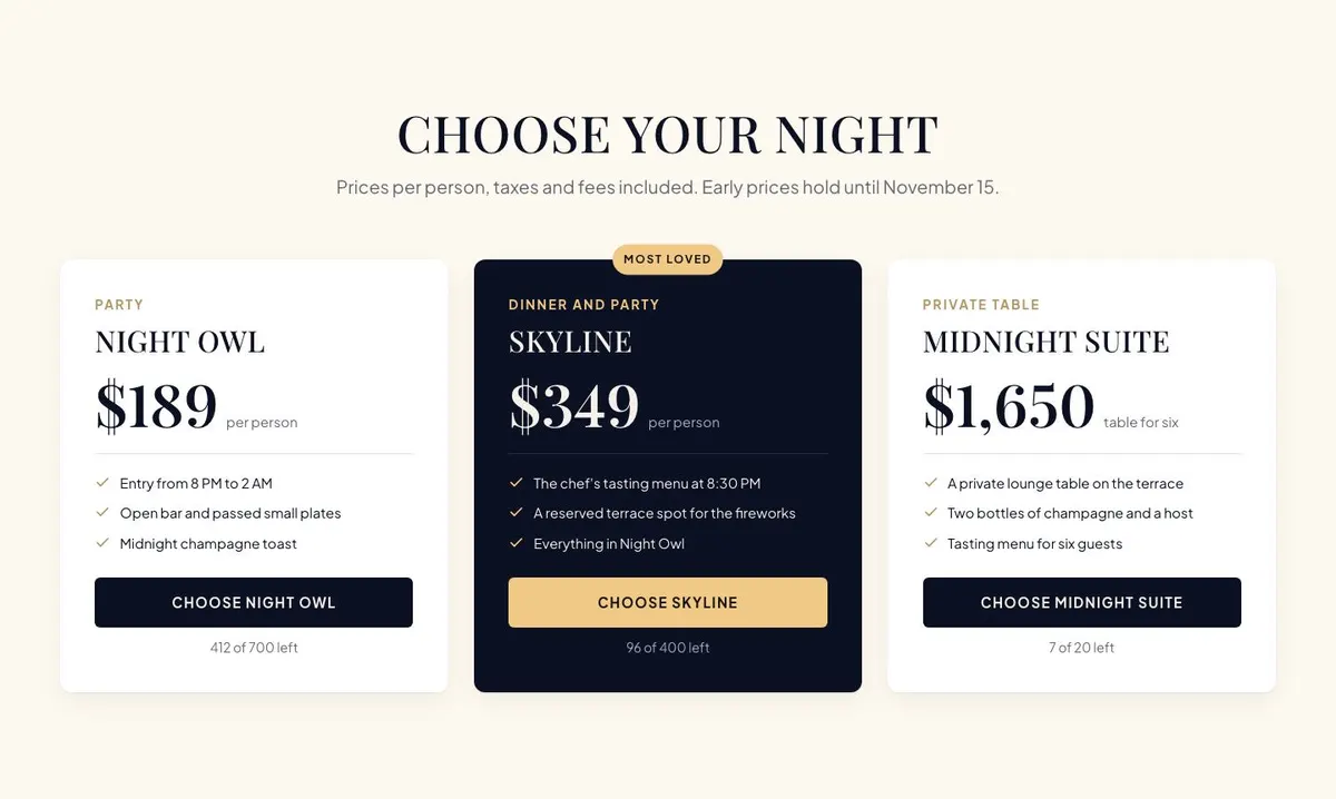New Year Countdown template — Tickets section