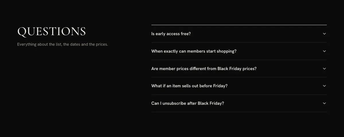 Black Friday Early Access template — Questions section