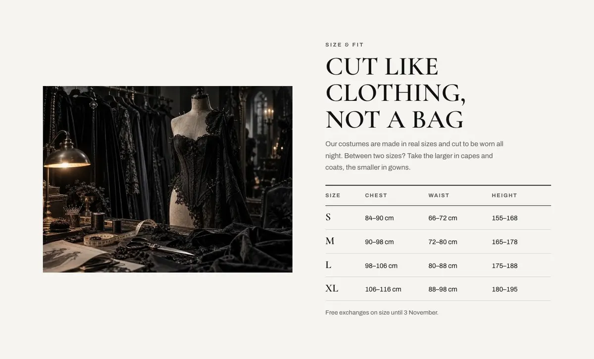 Costume Shop Editorial template — Fit section