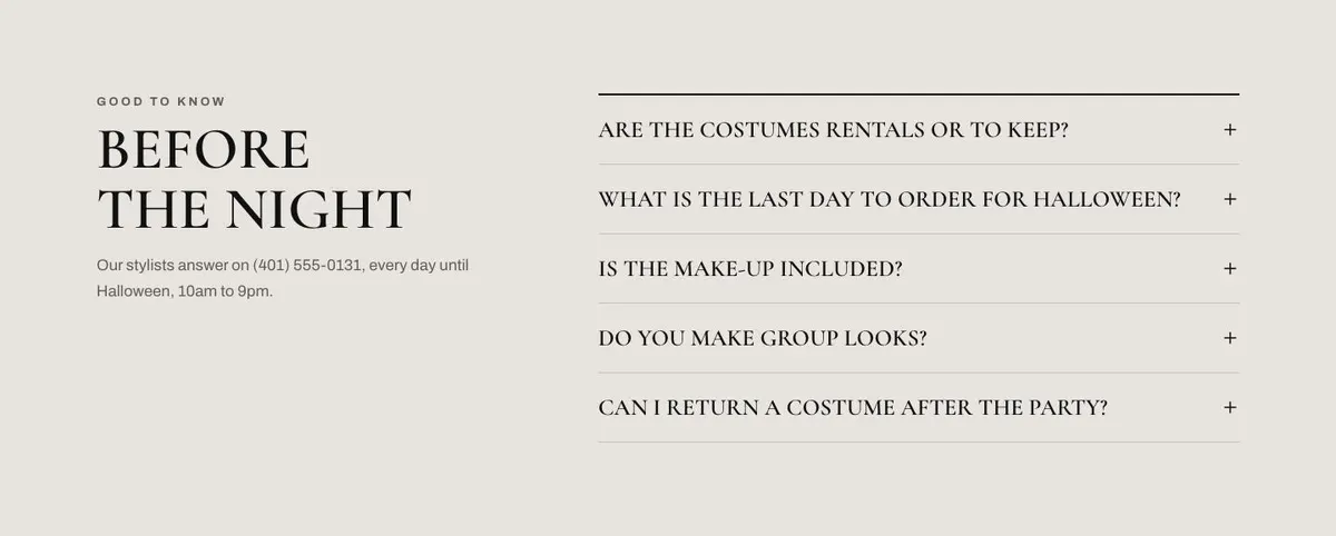 Costume Shop Editorial template — Questions section