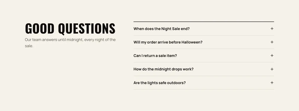 Halloween Night Sale template — Questions section