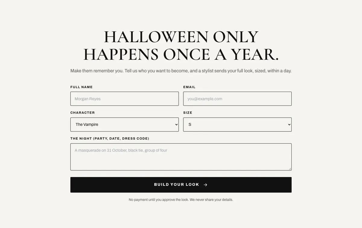Costume Shop Editorial template — Look section
