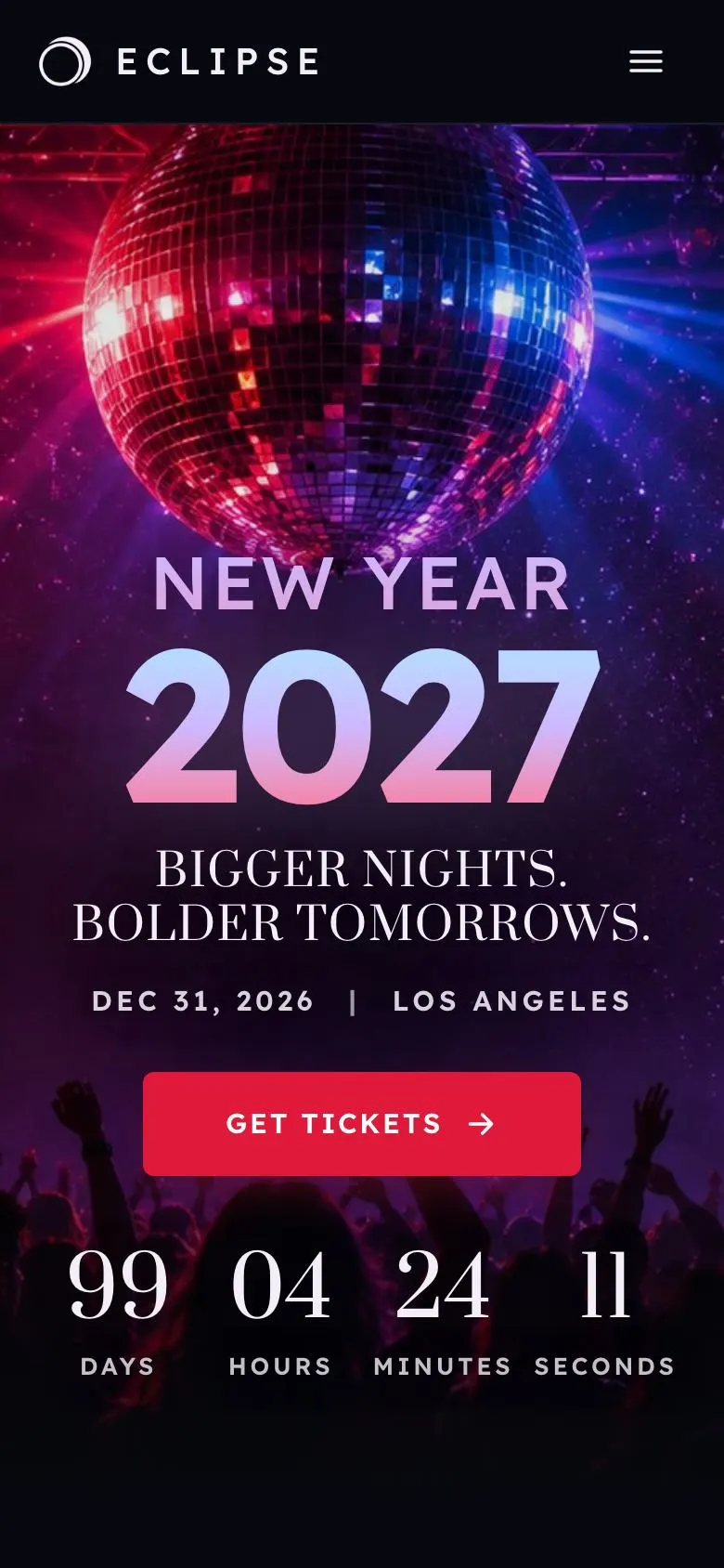 New Year Party landing page template on a phone