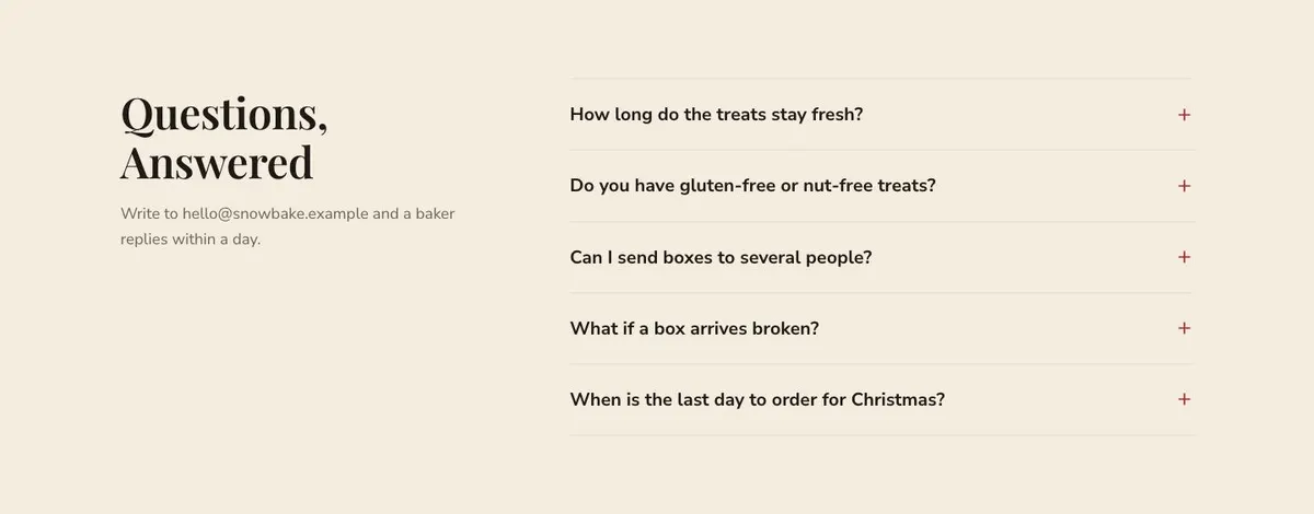 Christmas Treats Bakery template — Questions section