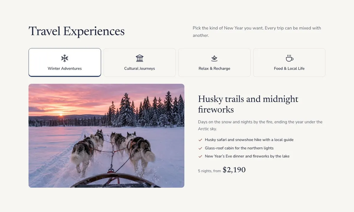 New Year Getaway template — Experiences section