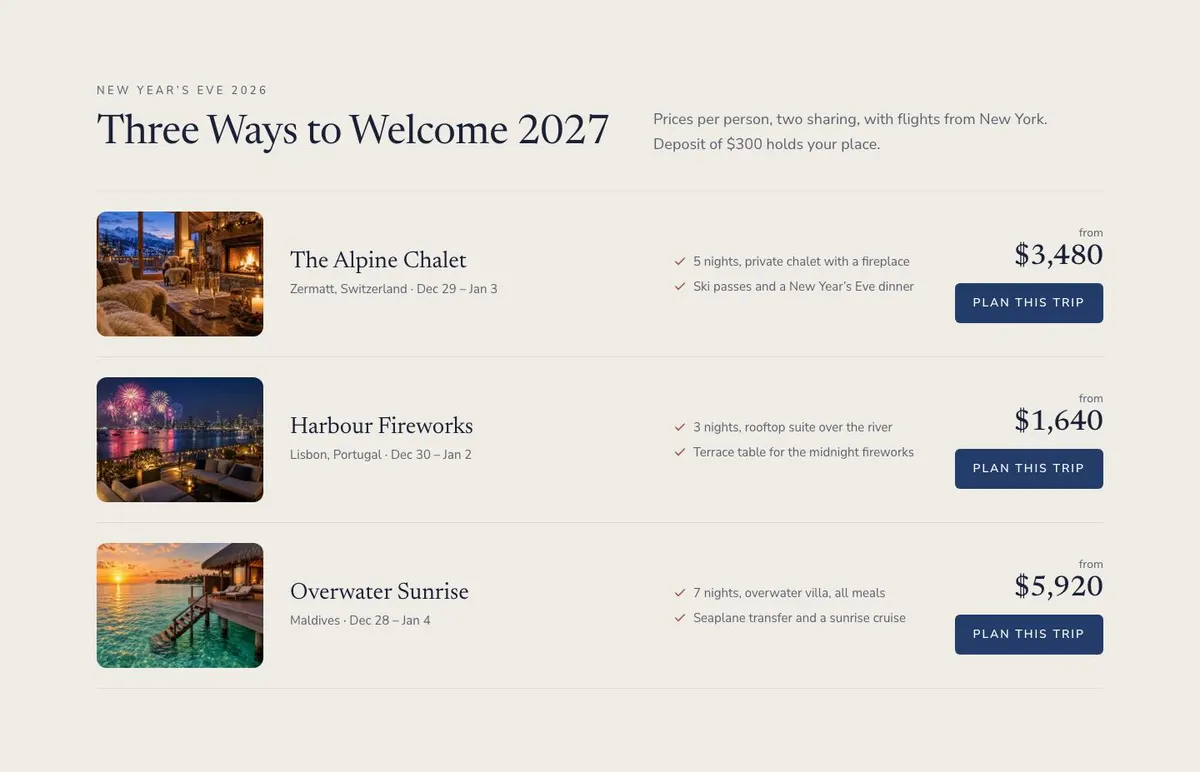 New Year Getaway template — Getaways section