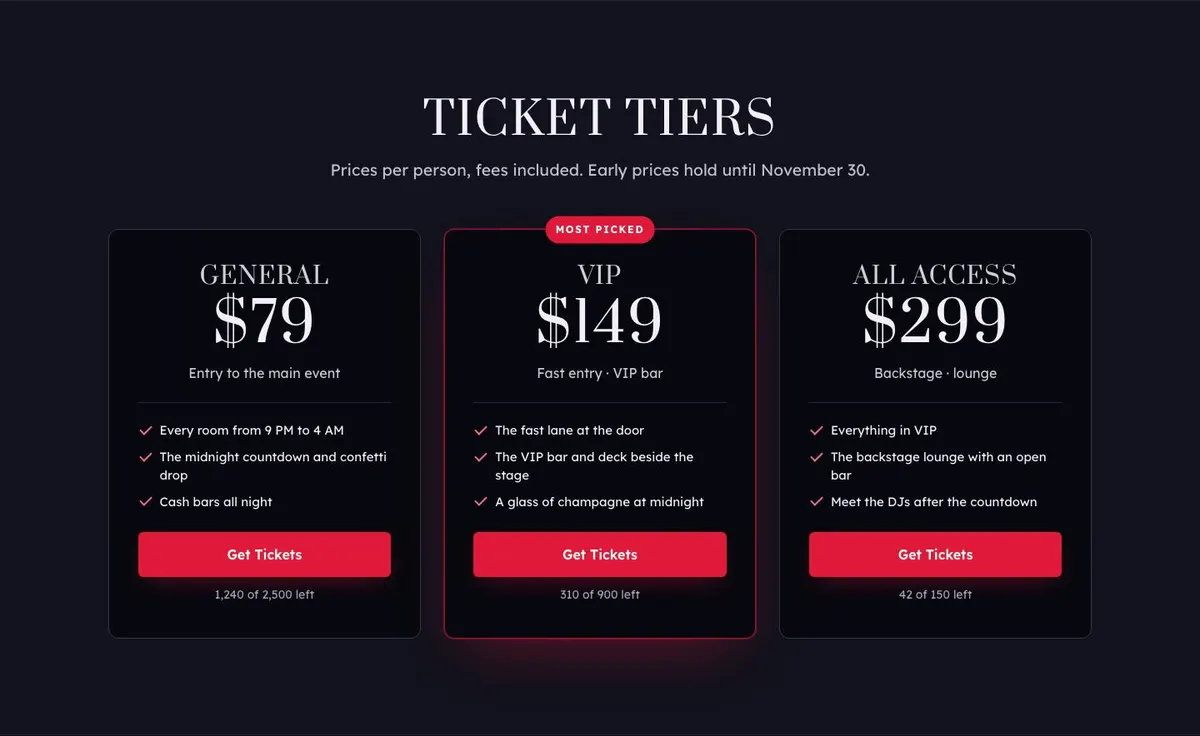 New Year Party template — Tickets section
