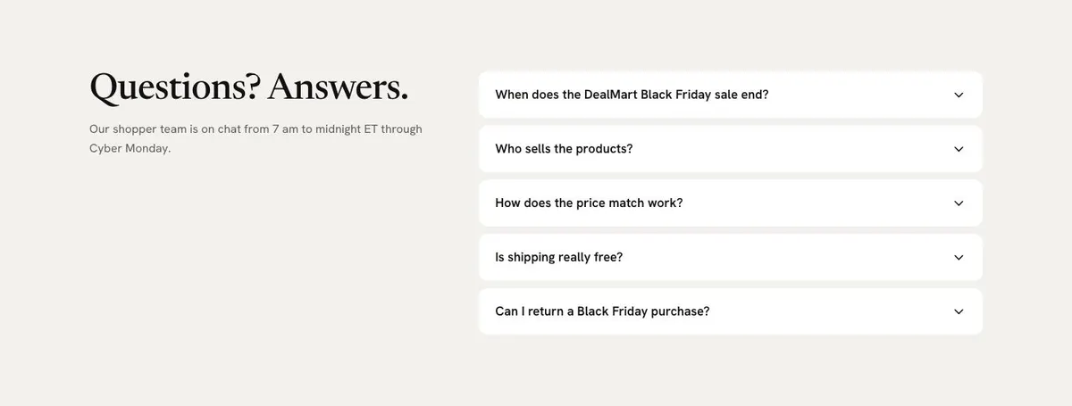 Black Friday Marketplace template — Questions section