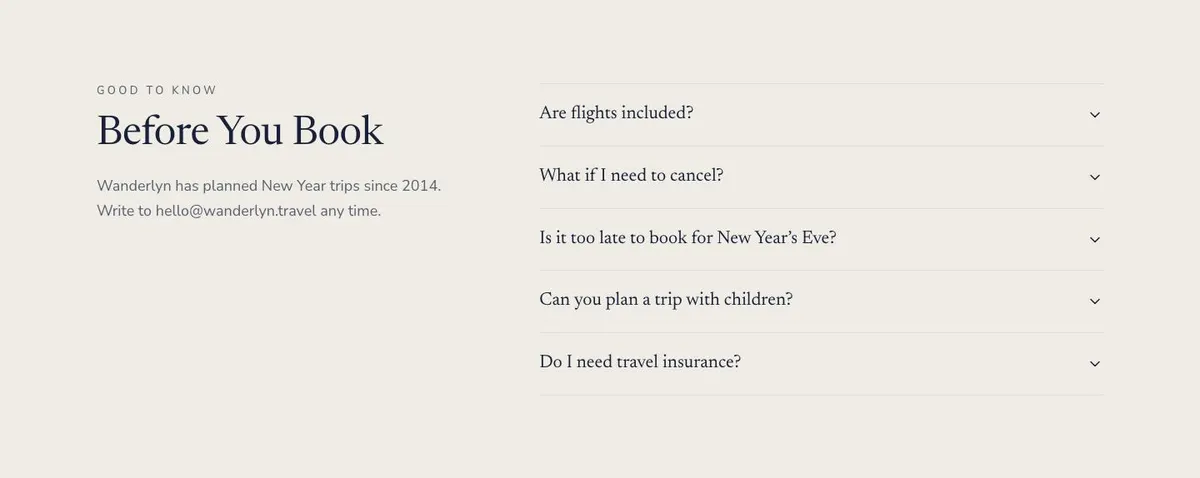New Year Getaway template — Questions section
