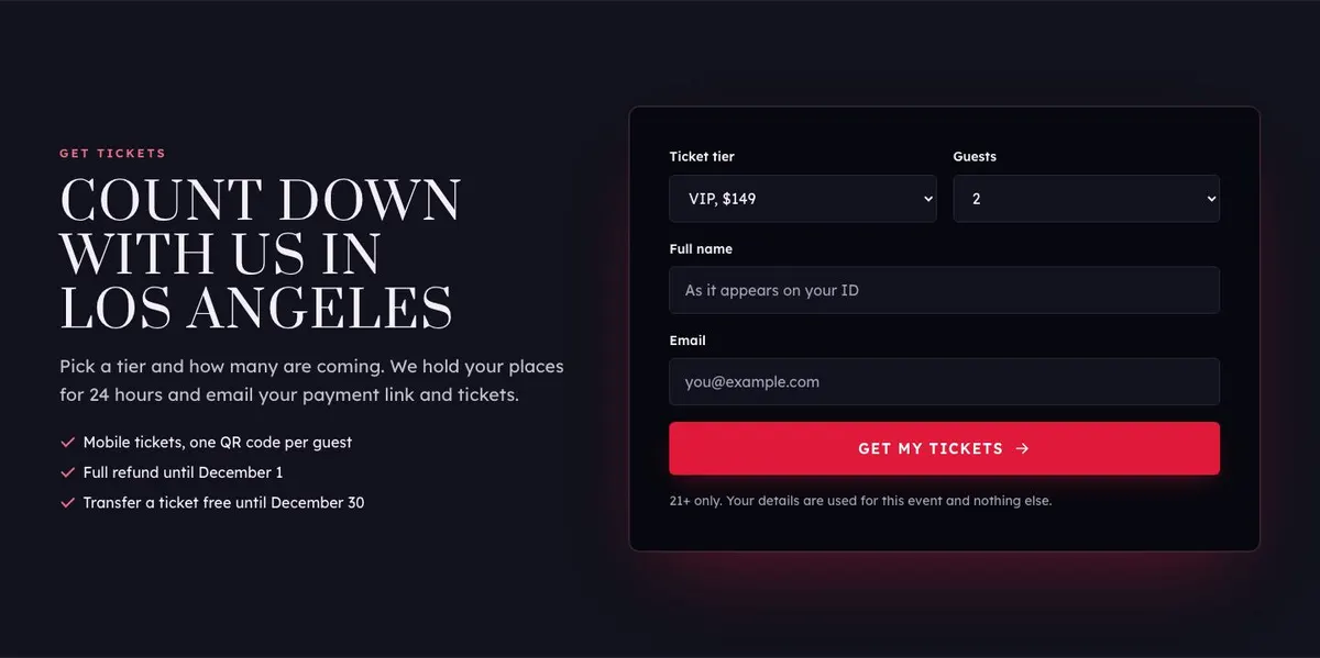 New Year Party template — Get Tickets section