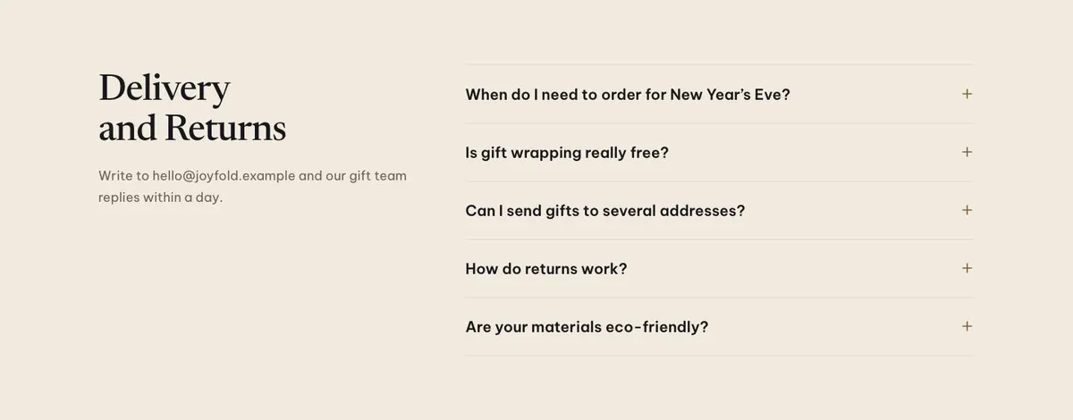 New Year Gift Shop template — Questions section